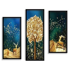SAF paintings Set of 3 Golden Tree And Deer Wall Painting for Wall ...