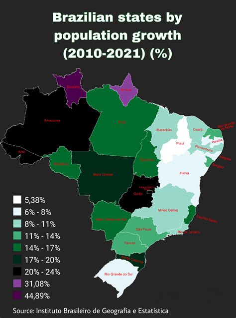 Brazilian states by population growth (2010-2021) (%) : r/MapPorn