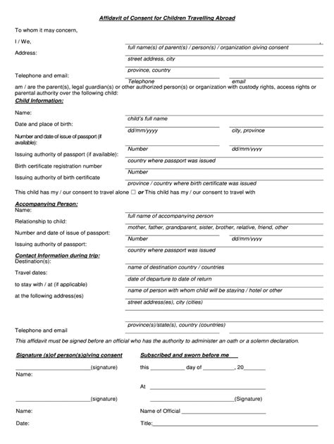 Affidavit of Consent for Children Travelling Abroad Form - Fill Online ...