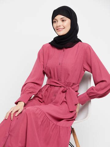 Nabia Women Pink Solid Front Open Frilled Abaya Burqa With Black Georg