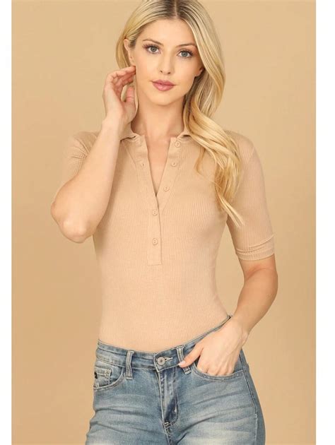 Tan Collared Button Half Ribbed Bodysuit | SHEIN USA