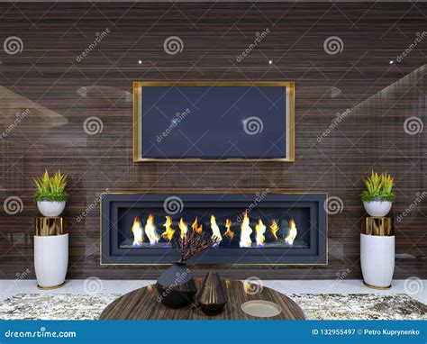 Luxurious Modern Fireplace in the Hotel, in a Cozy Waiting Area, Wooden ...