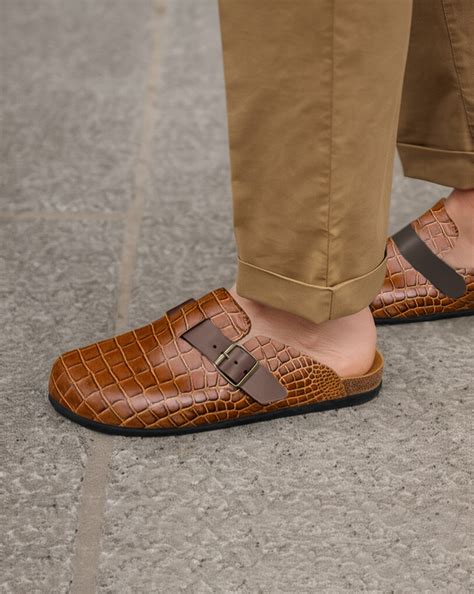 Tan Croc Print Leather Pedestal Platforms Clogs - Summer 2024 Collecti ...