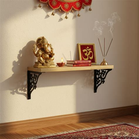Wooden Pooja Shelf - Triple Floral (Lakdi Puja Shelf Teen Phool) – Pujalane