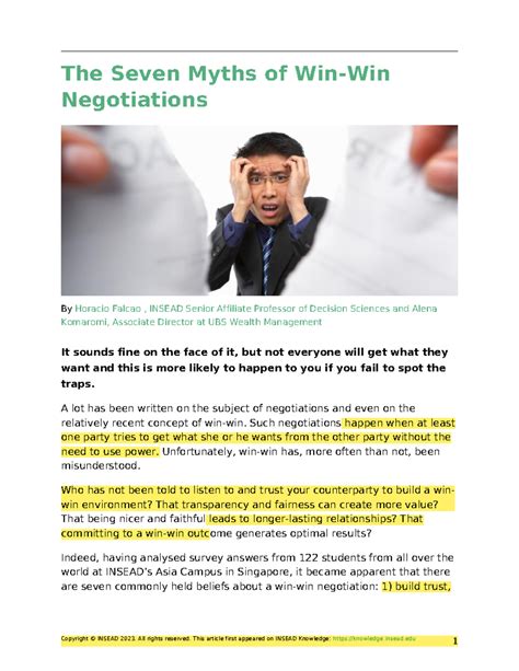 The Seven Myths of Negotiation: Insights from INSEAD Experts - Studocu