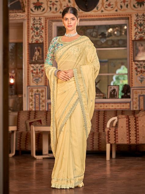Yellow Organza Embroidered Saree With Unstitched Blouse - Cl