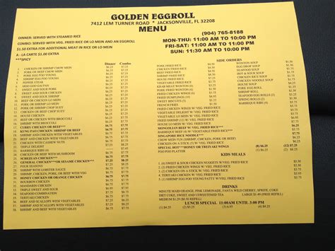 Menu at Golden Egg Roll Chinese Restaurant, Jacksonville, Lem Turner Rd