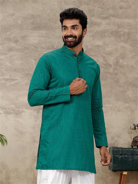Men Cotton Medium Length Plain Pocket Kurta Dark Green FS5