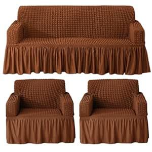 HOKIPO Elastic 5 Seater Turkish Bubble Frill Sofa Cover, Chocolate ...