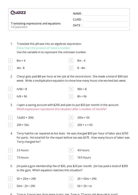 50+ Expressions and Equations worksheets for 9th Class on Quizizz ...