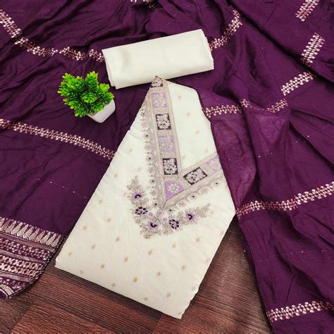 Off-White & Purple Chanderi Silk Unstitched Dress Material with Zari W