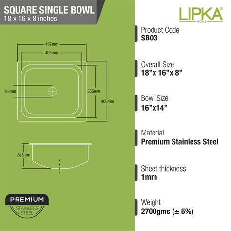 Square Single Bowl Kitchen Sink (18 x 16 x 8 Inches) - LIPKA | Lipka Home