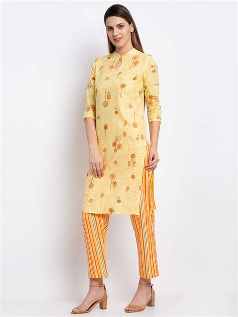 Emeros Women Keyhole Neckline Printed Yellow Kurta and Pant Set