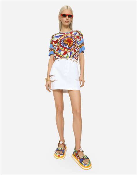 Denim mini skirt with rips in Multicolor for Women | Dolce&Gabbana®