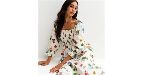 White Tropical Print Puff Sleeve Midi Dress | New Look