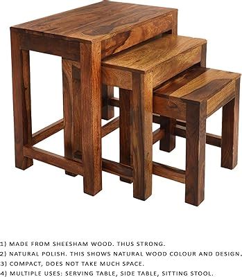 Jeen Wood Solid Sheesham Wood Nesting Table Set of 3 Stools Wooden ...