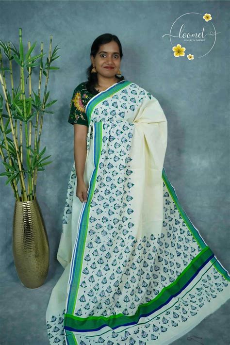 MKF3232 Off-White Kerala Kasavu Cotton saree with Paisley Motifs ...