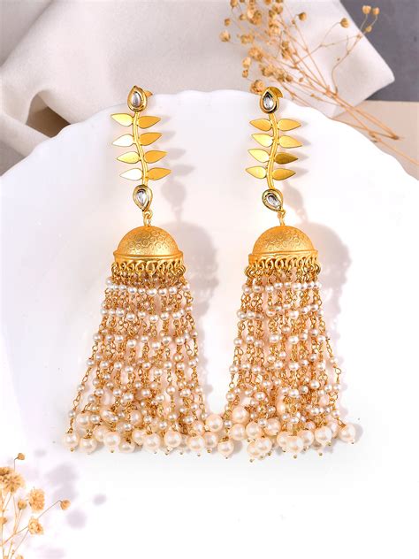 Buy Gold-plates Jhumka Earrings With Long Pearls Chain for Women Online ...