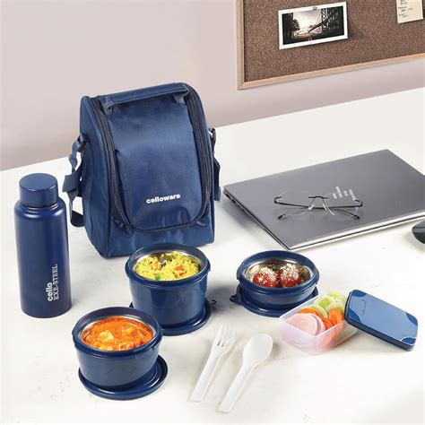 Buy CELLO MF All in One Lunch Box Set of 5 with Bag, Blue | 3 Microwave ...