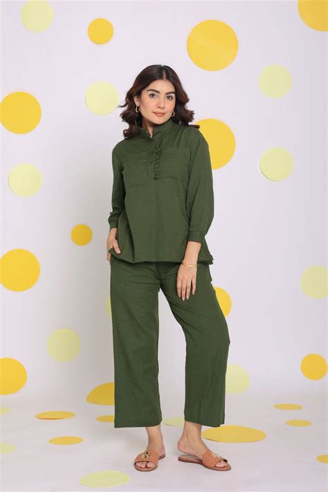 Olive Green Frill Front Shirt and Pant 2 Piece Set Summer Relaxed Line ...