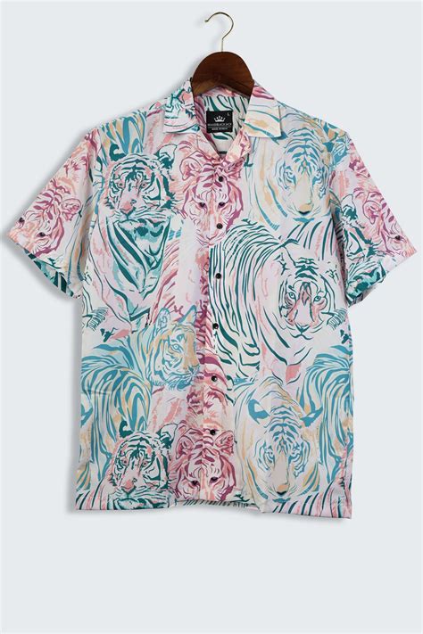Wildlife Animal Tigers Print Pastel Color Cuban Mens Printed Shirt by