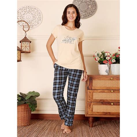 Buy Bodycare Beige Women Cotton Printed T-Shirt and Pyjama Online