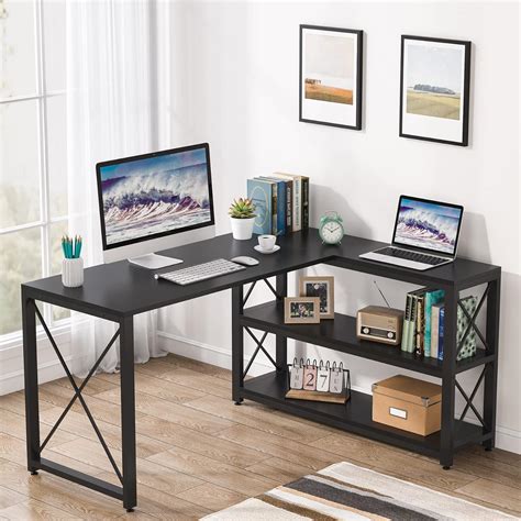 Tribesigns Reversible Industrial L-Shaped Desk with Storage Shelves ...
