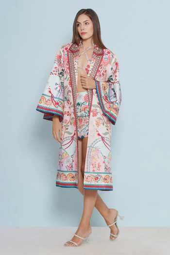 Buy Pink Satin Pearls Open Neck Coro Chintz Print Oversized Jacket For ...