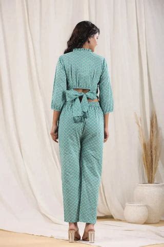 Women Teal Printed Cotton Crop Top & Trousers, Printed crop top – Rain ...