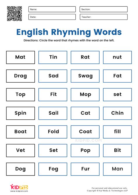 English Rhyming Words Worksheets for Grade 1 - Kidpid