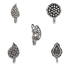 Buy Zephyrr Tribal Silver Plated Alloy Clip-On Nosepins Floral/Peacock ...
