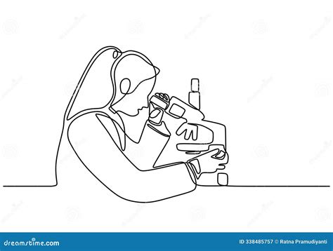 One Line Drawing Of A Scientist Engaged With A Microscope, Illustrating ...