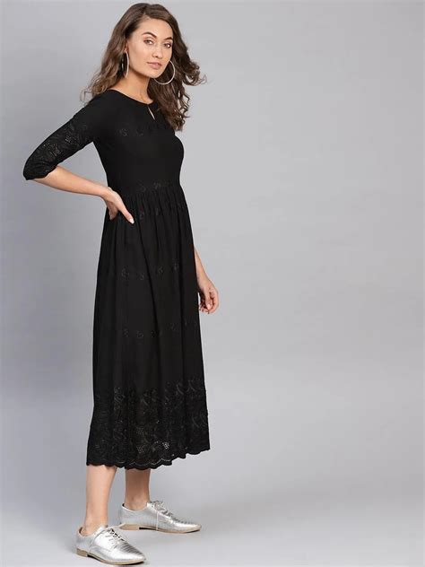 Buy Black Schiffli Rayon Dress Online at Rs.989 | Libas