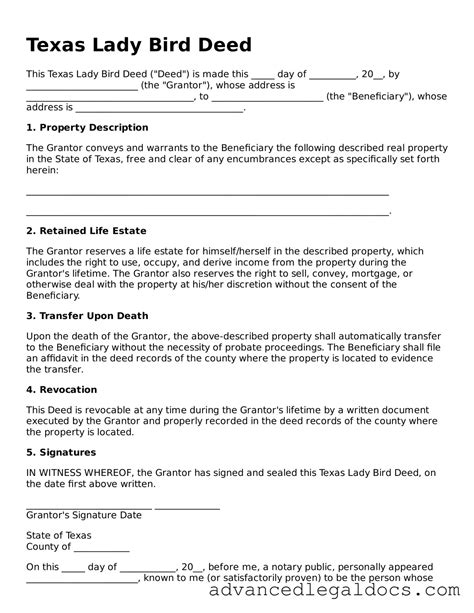 Texas Lady Bird Deed Template ≡ Printable PDF Form