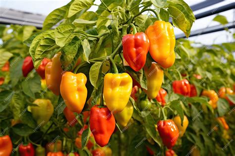 Growing sweet peppers in a greenhouse closeup | Premium AI-generated image