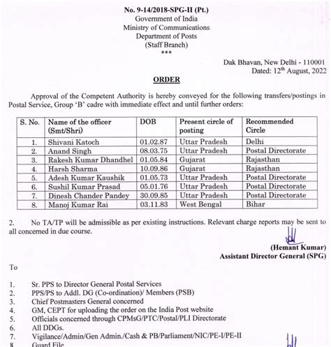 Transfer/Posting of officers of Postal Services Group 'B' cadre