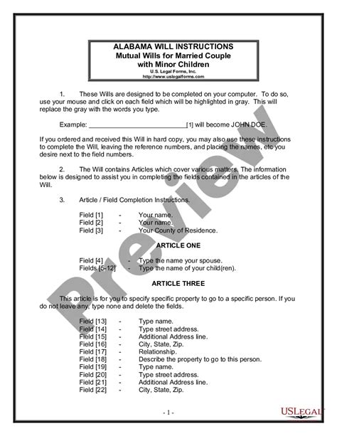 Alabama Mutual Wills Package for Married Couple with Minor Children ...