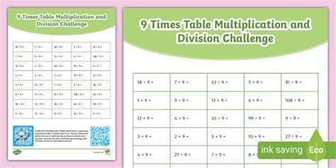 👉 9 Times Table Multiplication and Division Challenge Activity Sheet