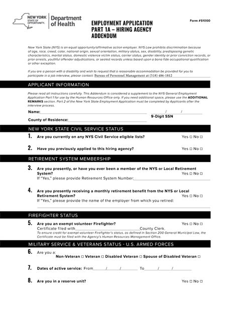 Fillable Online health ny EMPLOYMENT APPLICATION PART 1A - healthnygov ...