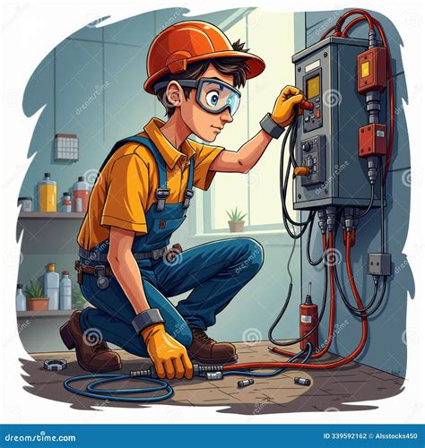 Cartoon of a young man wearing a hard hat and goggles, working on electrical wiring | Engineer ...