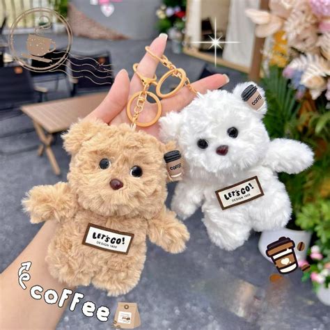Kawaii Coffee Bear Plush Keychain | Cute Teddy Bag Charm | Soft Fluffy ...