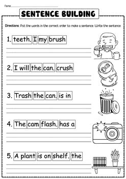 Building Sentence, Sentence building practice worksheets for Kindergarten