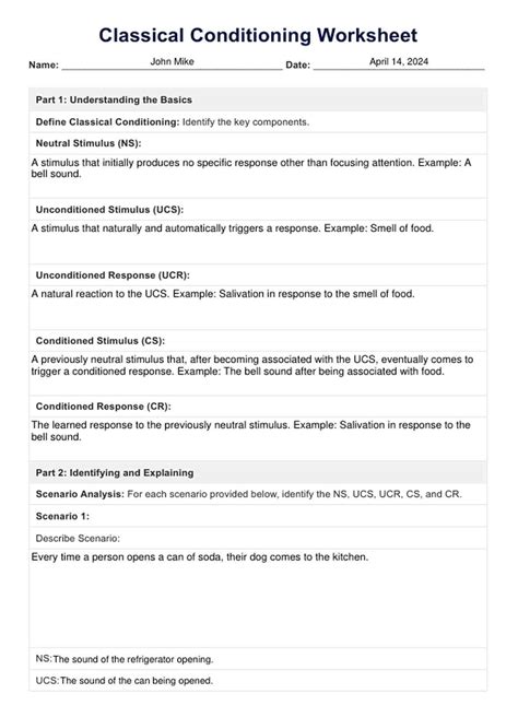 Classical Conditioning Worksheet & Example | Free PDF Download