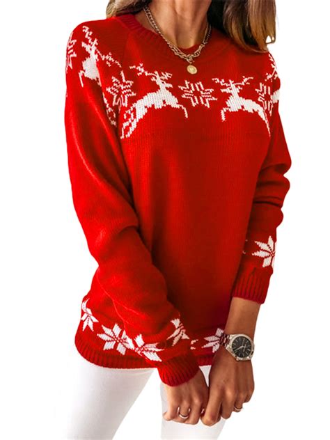 Musuos Women Christmas Sweaters Long Sleeve Elk Snowflake Print Knit ...