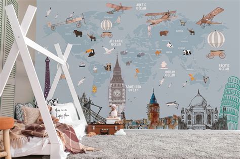 World's Famous Architectural Structures and Building with World Map Wa ...