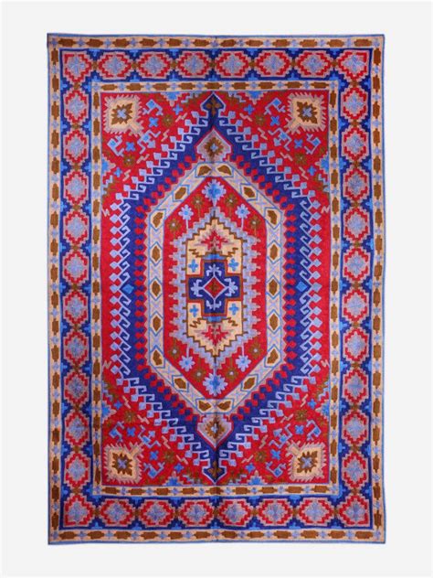 Buy Online Handcrafted Kashmiri Geometric Majesty Silk Chain Stitch Rug ...