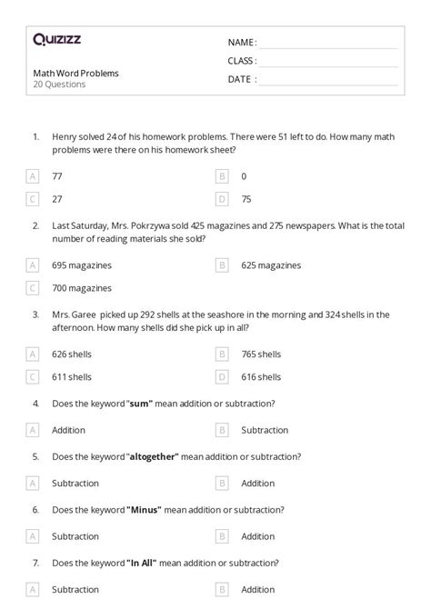 50+ Math Word Problems worksheets for 3rd Class on Quizizz | Free ...