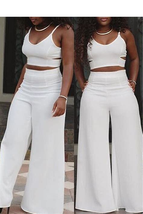 Spaghetti Straps Crop Top with Wide Leg Loose Long Pants Two Pieces Se ...