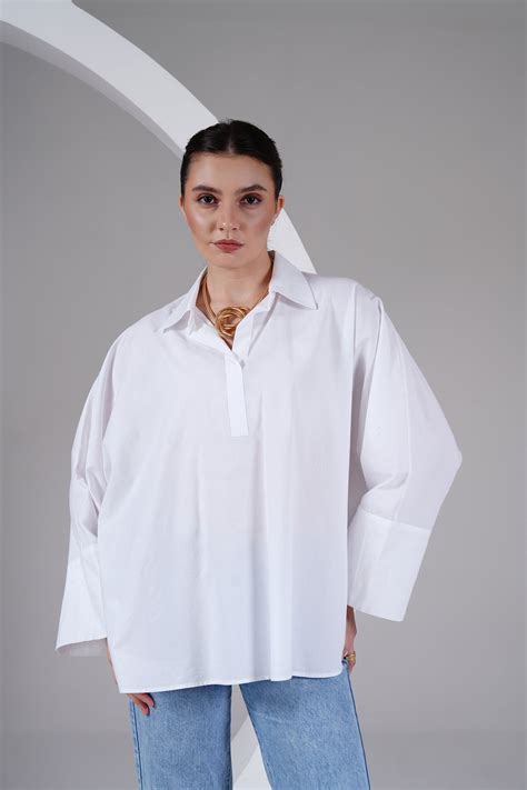 White Cotton Poplin Oversized Shirt with Wide Cuffs – SUITAGA