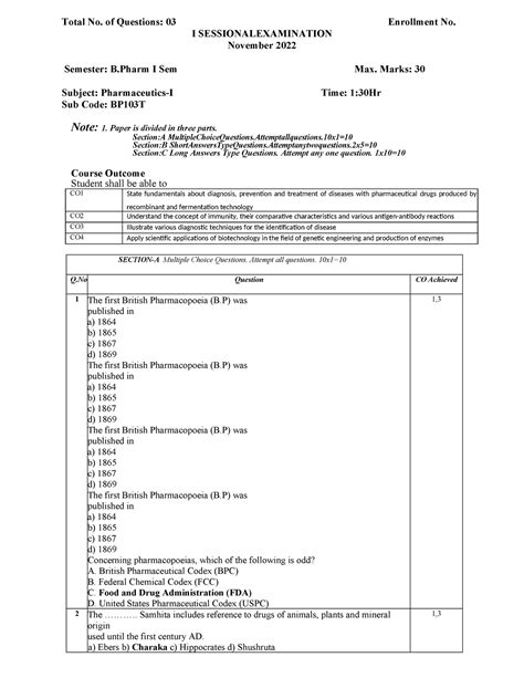 Pharmaceutics paper - Total No. of Questions: 03 Enrollment No. I ...